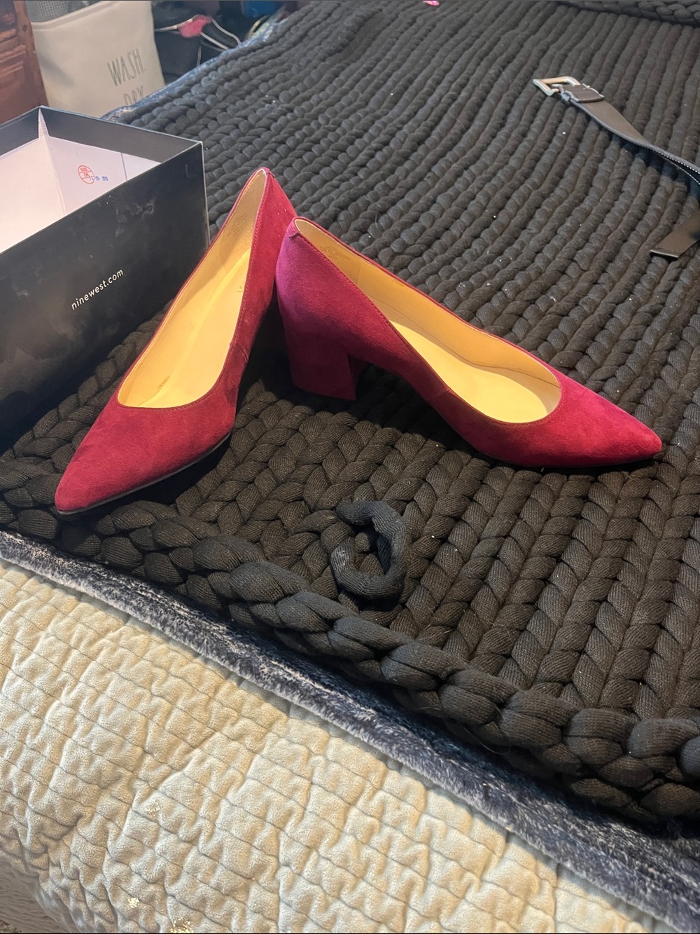 Nine West Burgundy Suede Pointed Block Heel Pumps